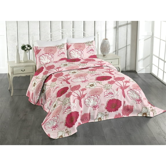Ambesonne Poppy Artwork Quilted Coverlet 3 Pcs, Simple Flowers Modern, Queen Size, Raspberry Pale Pink White