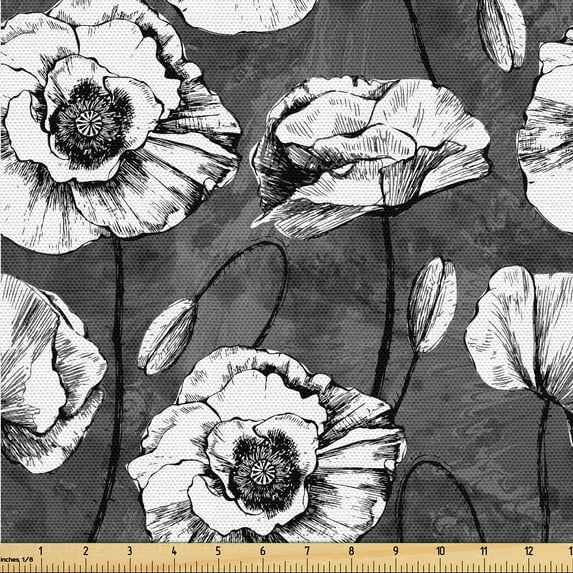 Ambesonne Poppy Fabric by the Yard, Blossoming Vintage Poppies, 3 Yards, Grey Black White
