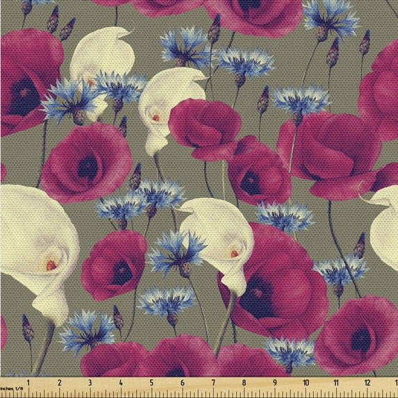 Ambesonne Poppy Fabric by the Yard Upholstery, Floral Composition Garden, 5 Yards, Pale Yellow Magenta