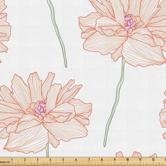 Ambesonne Poppy Fabric by the Yard Upholstery, Bohemian Striped Flowers Art, 1 Yard, Reseda Green and Coral