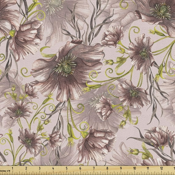 Ambesonne Poppy Fabric by the Yard Upholstery, Garden Themed Vintage Floral, 2 Yards, Blush Yellow Green