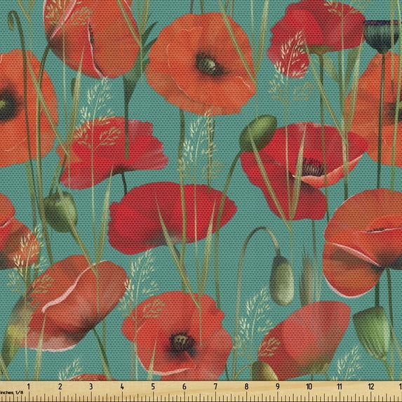 Ambesonne Poppy Fabric by the Yard Upholstery, Retro Meadow Flowers Romance, 2 Yards, Teal Burnt Orange and Green