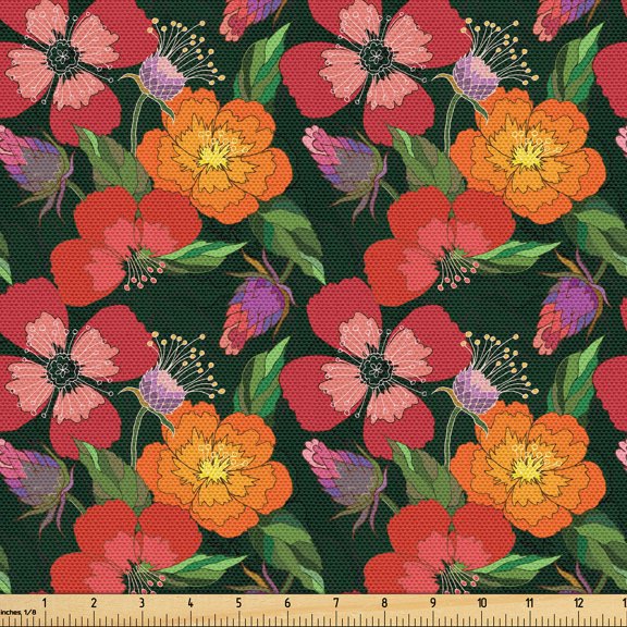 Ambesonne Poppy Fabric by the Yard Upholstery, Thistle Flowers Floral Art, 1 Yard, Dark Pink Vermilion and Green