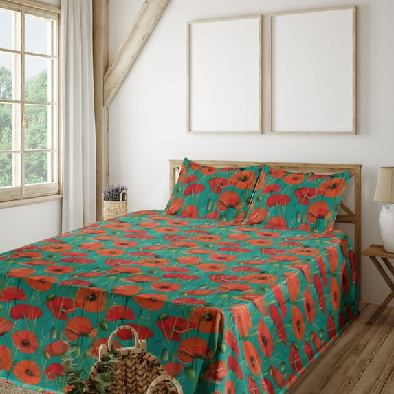 Ambesonne Poppy Fitted & Flat Sheet with Sham 3 Pcs Set, Retro Meadow Flowers Romance, Twin XL, Teal Burnt Orange and Green