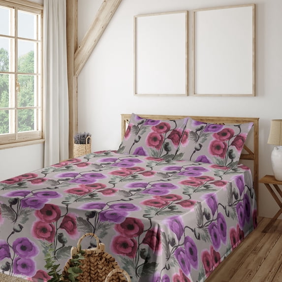 Ambesonne Poppy Fitted & Flat Sheet with Sham 3 Pcs Set, Vertical Floral Pattern Print, Twin, Violet Pale Sage Green