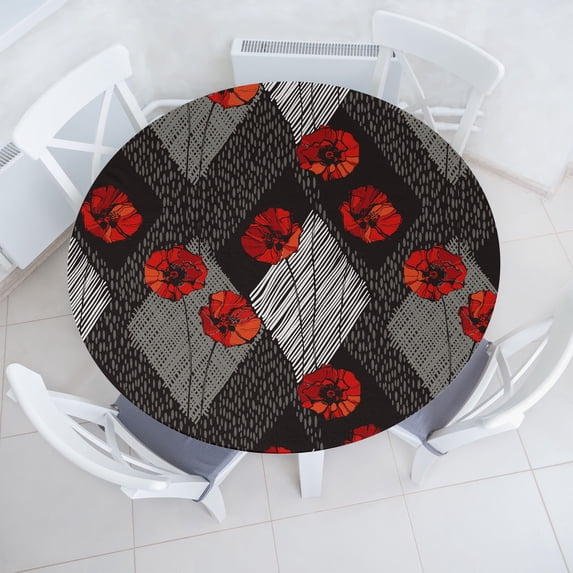 Ambesonne Poppy Fitted Round Tablecloth, Boho Abstract Flowers Neutral, 36"- 40" Diameter, Dark Coral Pale Grey
