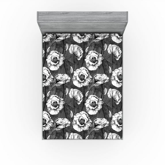 Ambesonne Poppy Fitted Sheet, Blossoming Vintage Poppies, King Size, Grey Black White