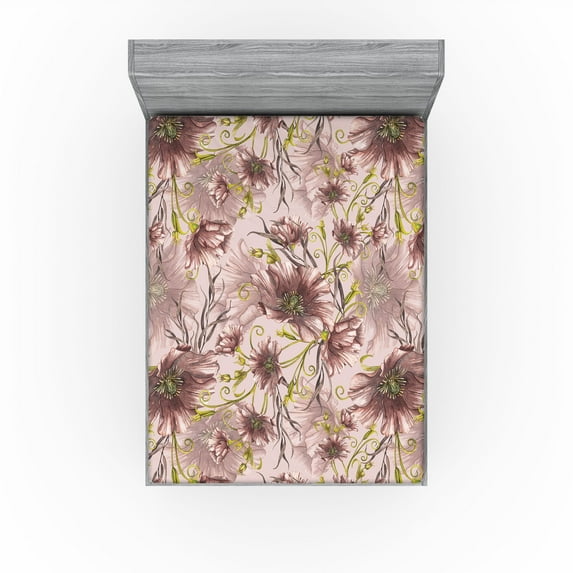 Ambesonne Poppy Fitted Sheet, Garden Themed Vintage Floral, King Size, Blush Yellow Green