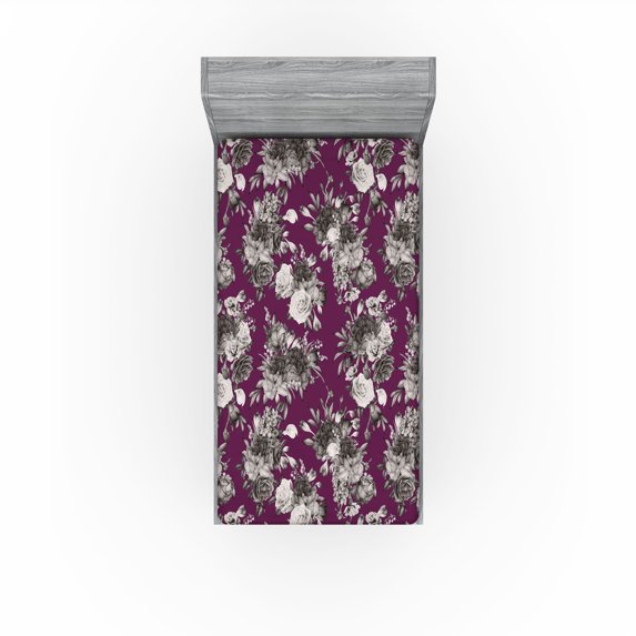 Ambesonne Poppy Fitted Sheet, Nostalgic Monochrome Floral, Twin Size, Taupe Grey Dark Magenta