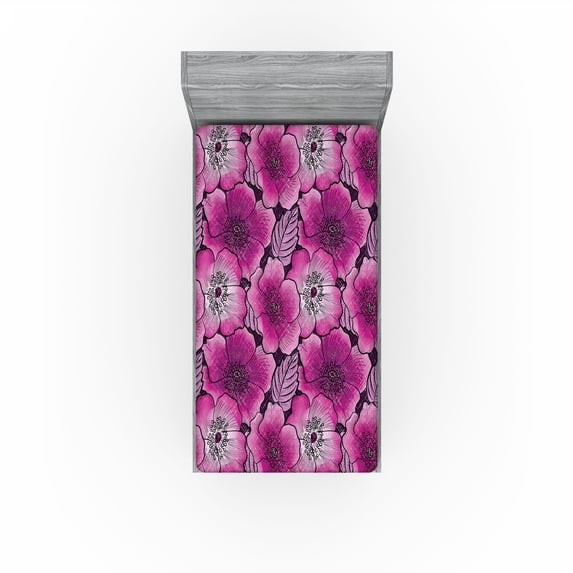 Ambesonne Poppy Fitted Sheet, Retro Colors Flowers Dreamy, Twin Size, Pale Fuchsia and Soft Pink