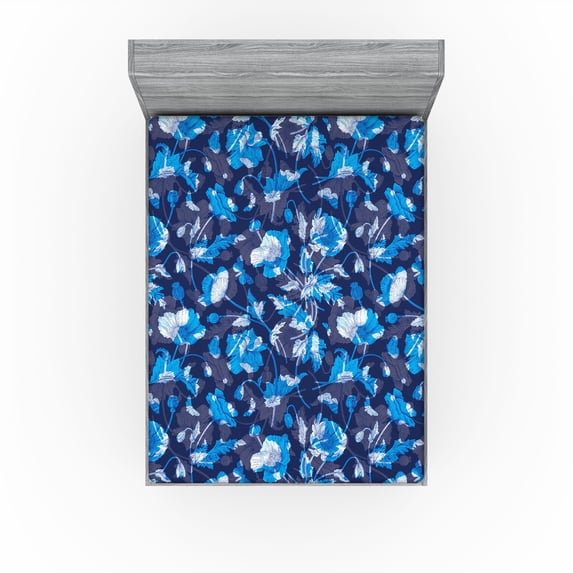 Ambesonne Poppy Fitted Sheet, Winter Colors Floral Scene, California King, Sky Blue Ceil Blue Quartz