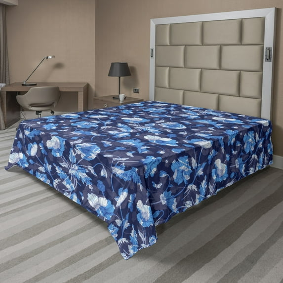 Ambesonne Poppy Flat Bedding Sheet Soft Top Sheet, Winter Colors Floral Scene, Full, Sky Blue Ceil Blue Quartz