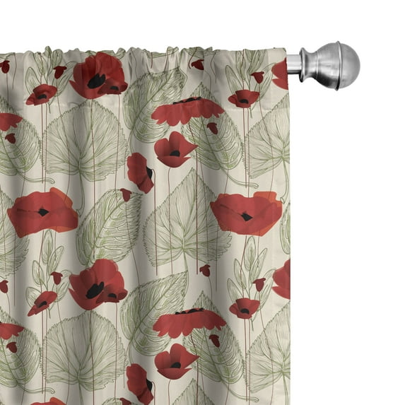 Ambesonne Poppy Flower Window Curtains, Sketch Leaves Rural, Each 28" W x 84" L, Scarlet Fern Green Beige