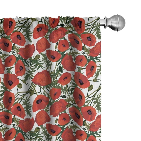 Ambesonne Poppy Flower Curtains, Garden Foliage Botany, Pair of 28"x84", Green Red White