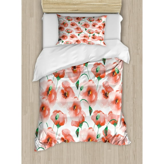 Ambesonne Poppy Flower Duvet Cover Sets, Soft Color Garden Twig, 2-Twin, Scarlet and Green