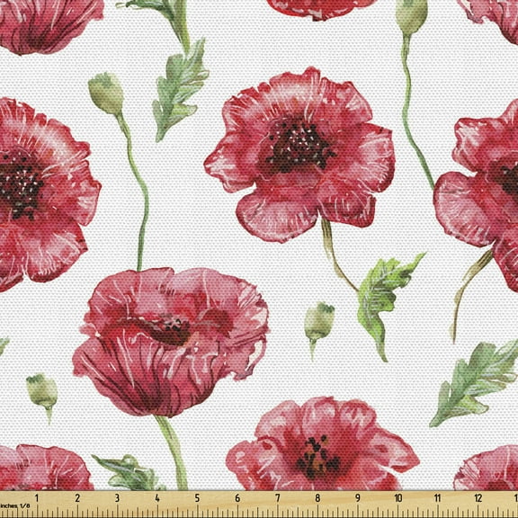 Ambesonne Poppy Flower Fabric by the Yard Upholstery, Aquarelle Ornamental, 3 Yards, Coral Green White