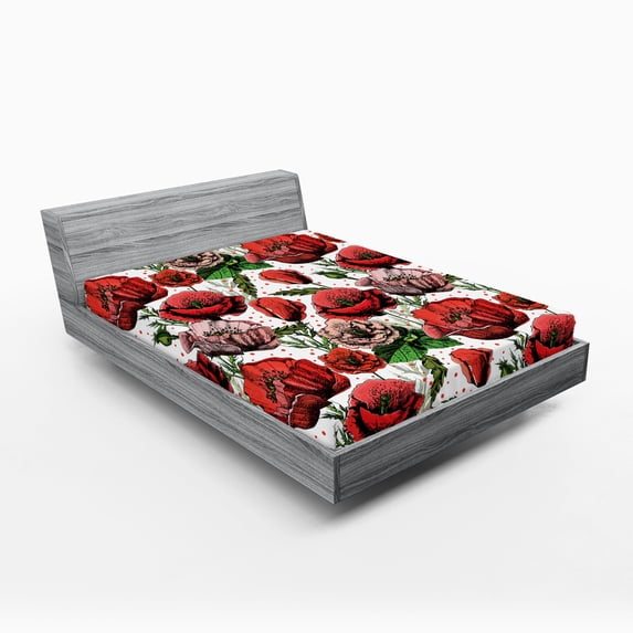 Ambesonne Poppy Flower Fitted Sheet, Colorful Polkadots, Queen Size, Red Green Dried Rose