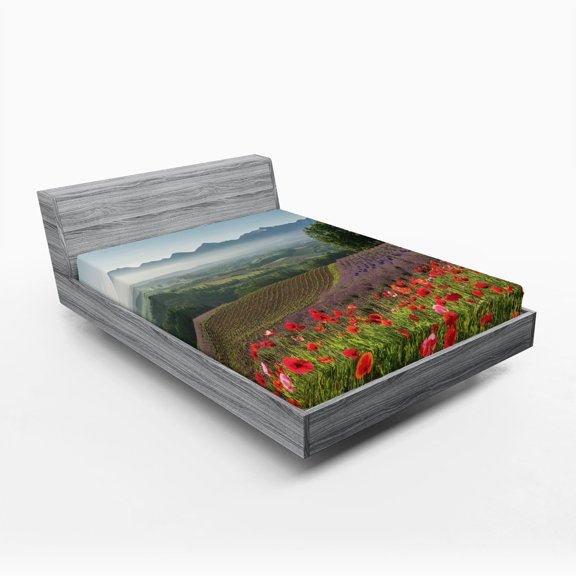 Ambesonne Poppy Flower Fitted Sheet, Lavender Farm Morning, Full Size, Multicolor