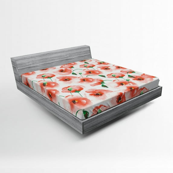 Ambesonne Poppy Flower Fitted Sheet, Soft Color Garden Twig, Queen Size, Scarlet and Green