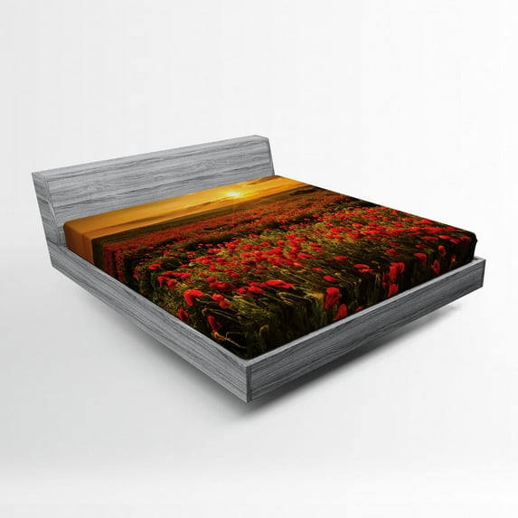 Ambesonne Poppy Flower Fitted Sheet, Sunset Meadow Farmland, Full Size, Marigold Scarlet
