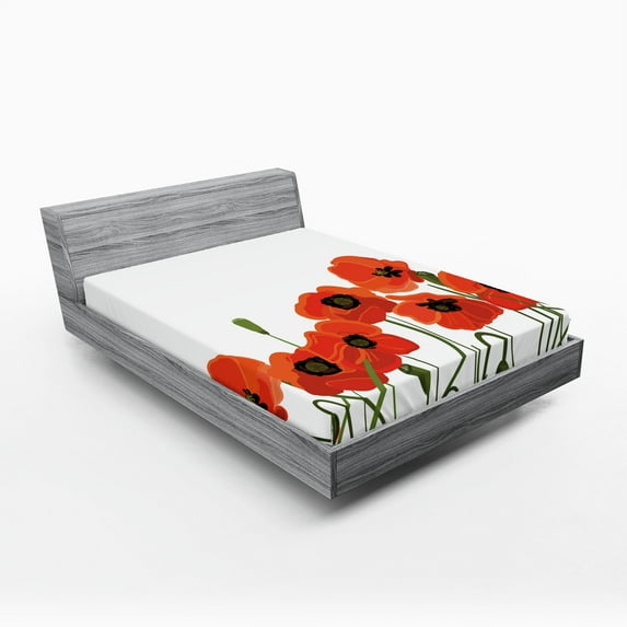 Ambesonne Poppy Flower Fitted Sheet, Vibrant Bloom Bouquet, Queen Size, Olive Green Vermilion
