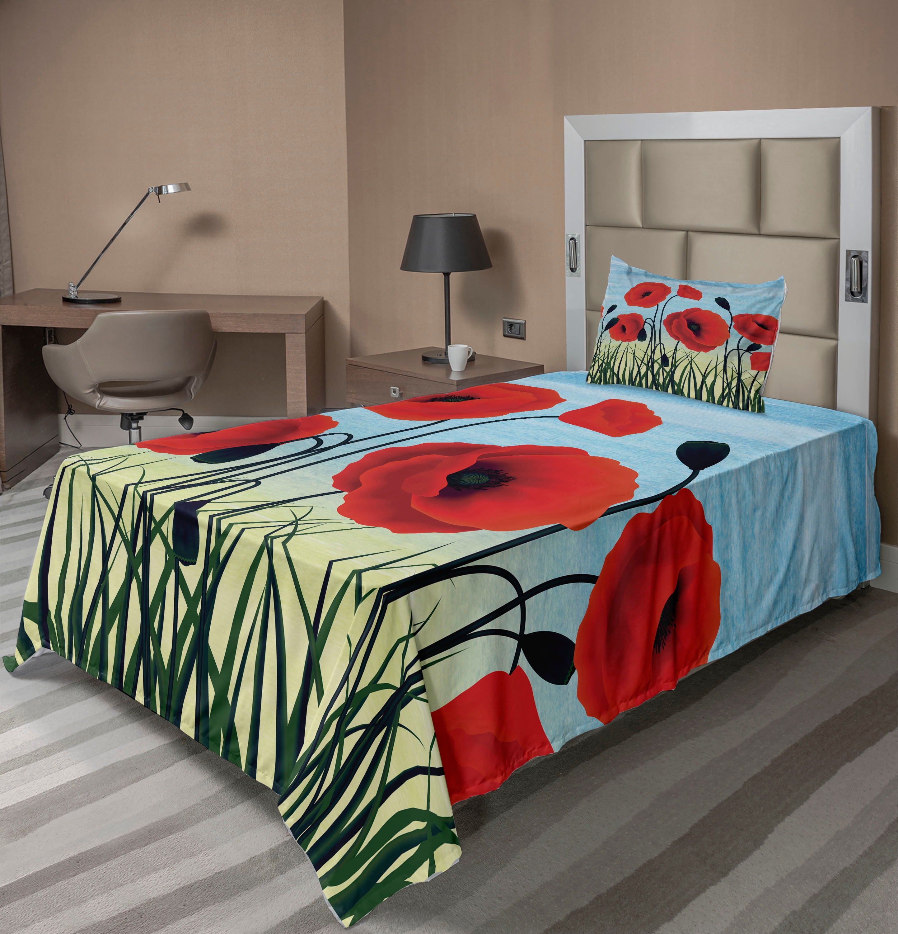 Ambesonne Poppy Flower Fitted & Top Sheet Set with Sham, Digital Drawn ...