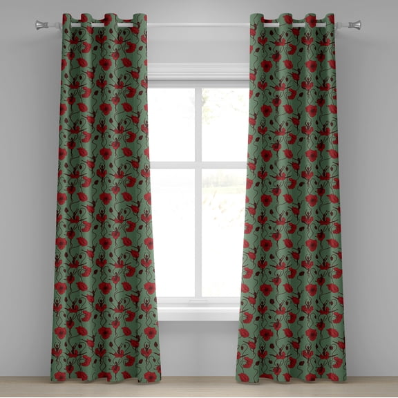 Ambesonne Poppy Flower Grommet Curtain, Ballerina Style Twigs, 50" x 72", Green Chestnut Brown Red