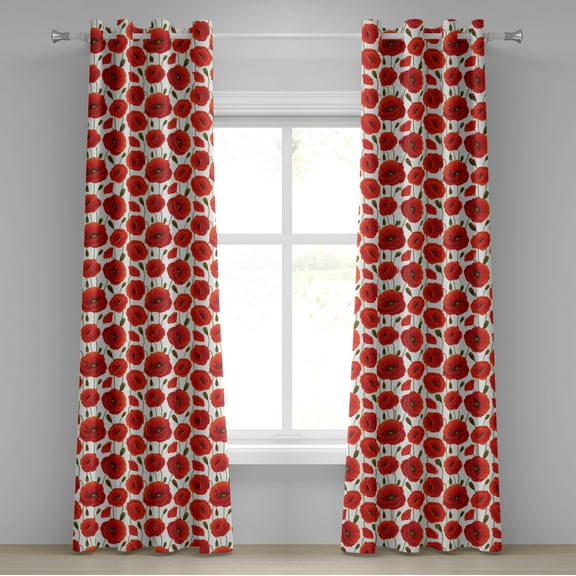 Ambesonne Poppy Flower Grommet Curtain, Floral Blossom Spring, 50" x 108", Orange Olive Green White