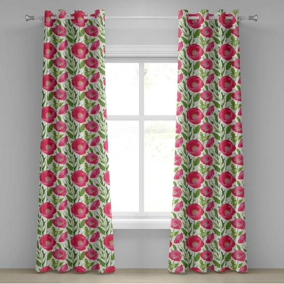 Ambesonne Poppy Flower Grommet Curtain, Leaves Petals Romance, 50" x 108", Green Pink Cream