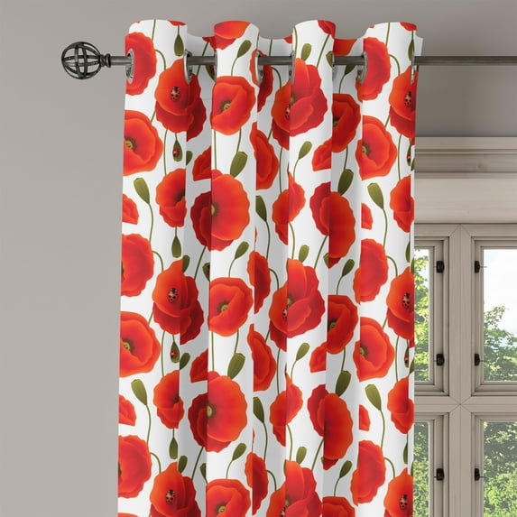Ambesonne Poppy Flower Grommet Curtain Single Panel, Floral Blossom Spring, 50"x60", Orange Olive Green White