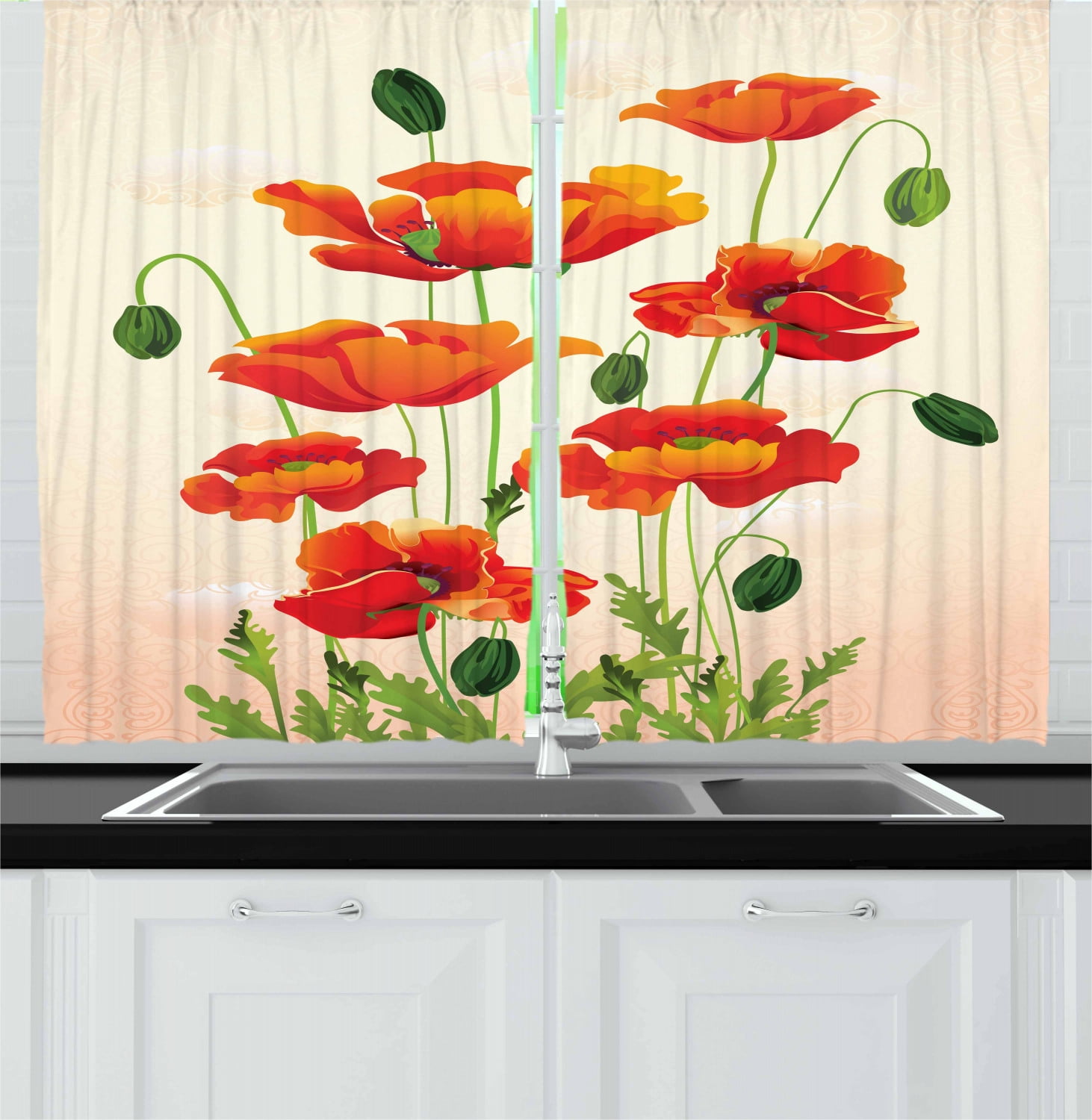 Floral Poppy Bouquet Light-Filtering Off-White Polyester Kitchen Curtains