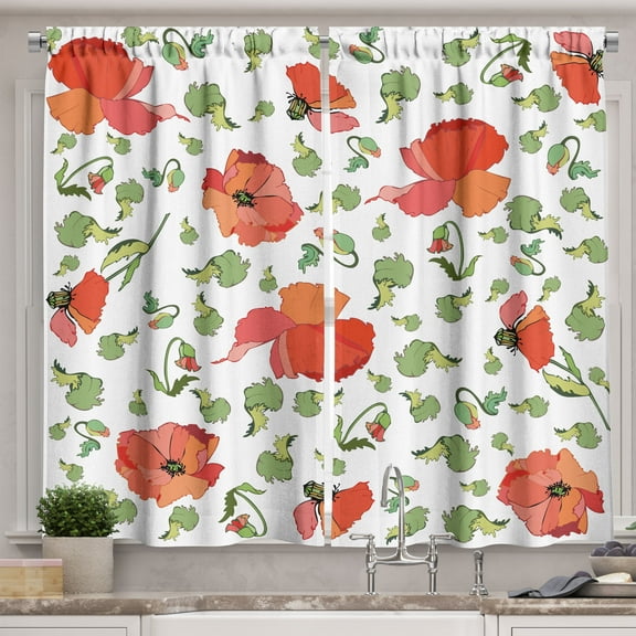 Ambesonne Poppy Flower Kitchen Curtains, Scattered Buds Stem, 55"x39", Vermilion Green Coral