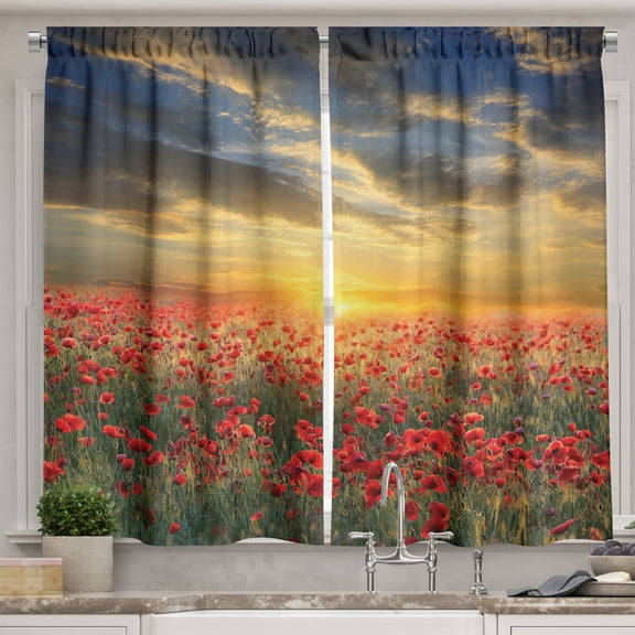 Ambesonne Poppy Flower Kitchen Curtains, Scenic Field Sunset, 55"x36", Multicolor