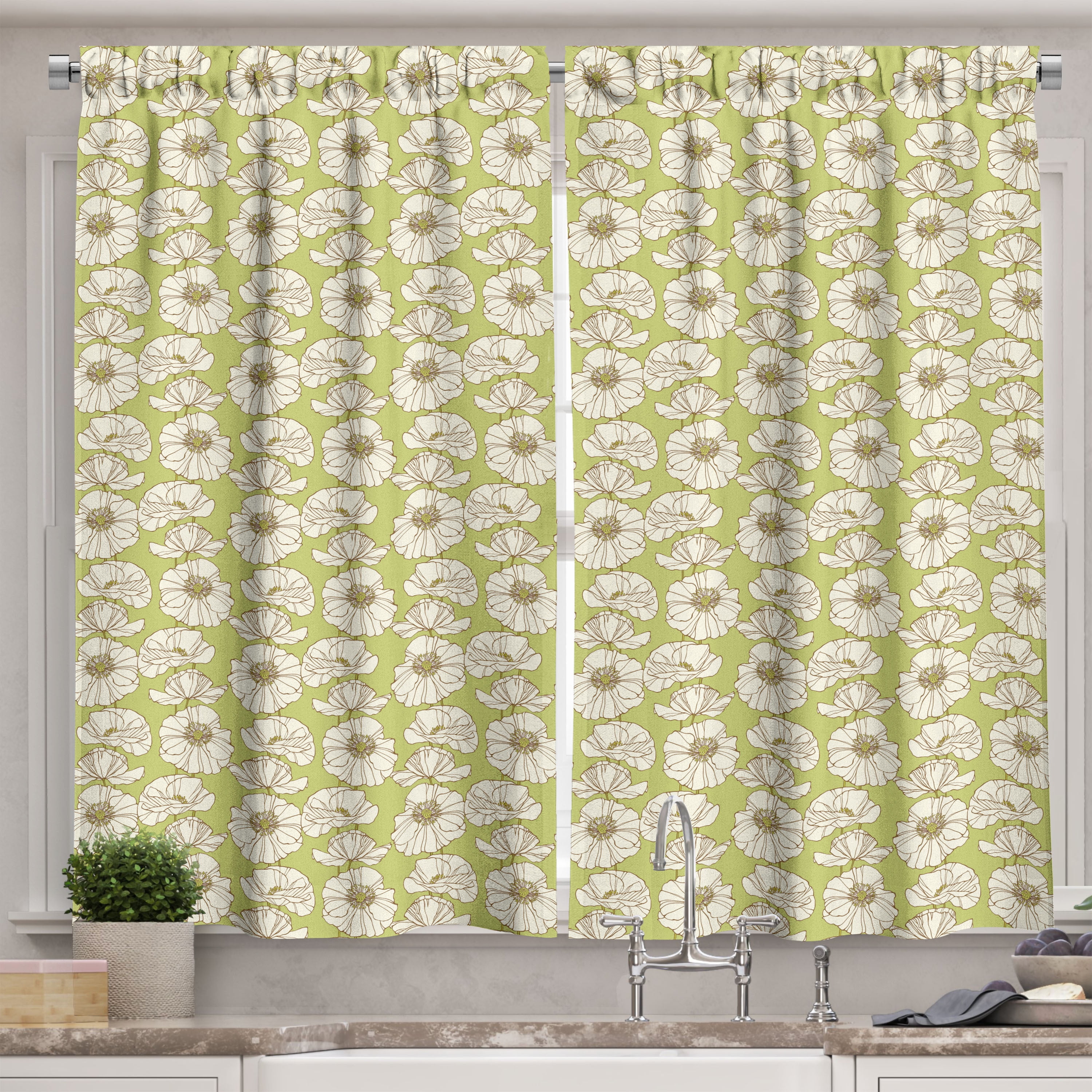Vintage Floral Light-Filtering White Polyester Kitchen Curtains