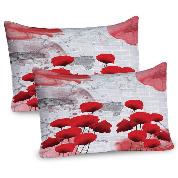Ambesonne Poppy Flower Pillow Sham 2 Pack, Blossoming Rural Field, 36"x20", Red Grey Coconut