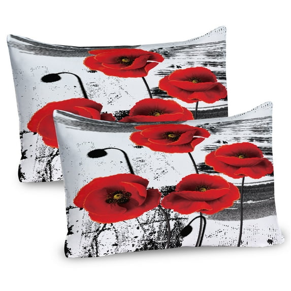 Ambesonne Poppy Flower Pillow Sham 2 Pack, Grunge Brush Flowers, 30"x20", Vermilion Grey