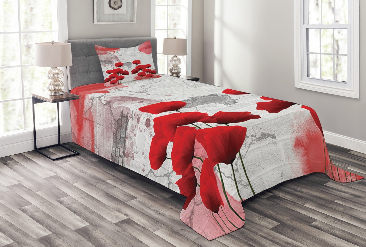 Gray Quilted Twin Bedspread Set with Pillow Sham