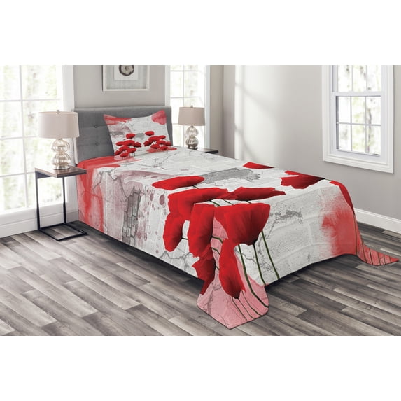 Ambesonne Poppy Flower Quilted Bedspread Set 2 Pcs, Blossoming Rural Field, Twin Size, Red Grey Coconut