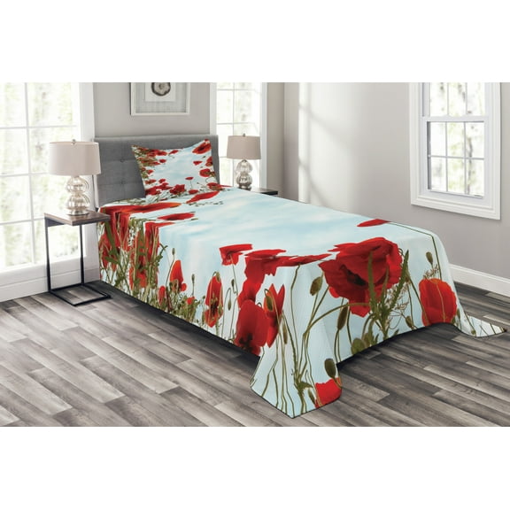 Ambesonne Poppy Flower Quilted Bedspread Set 2 Pcs, Meadow Flowers Cottage, Twin Size, Vermilion Pale Blue