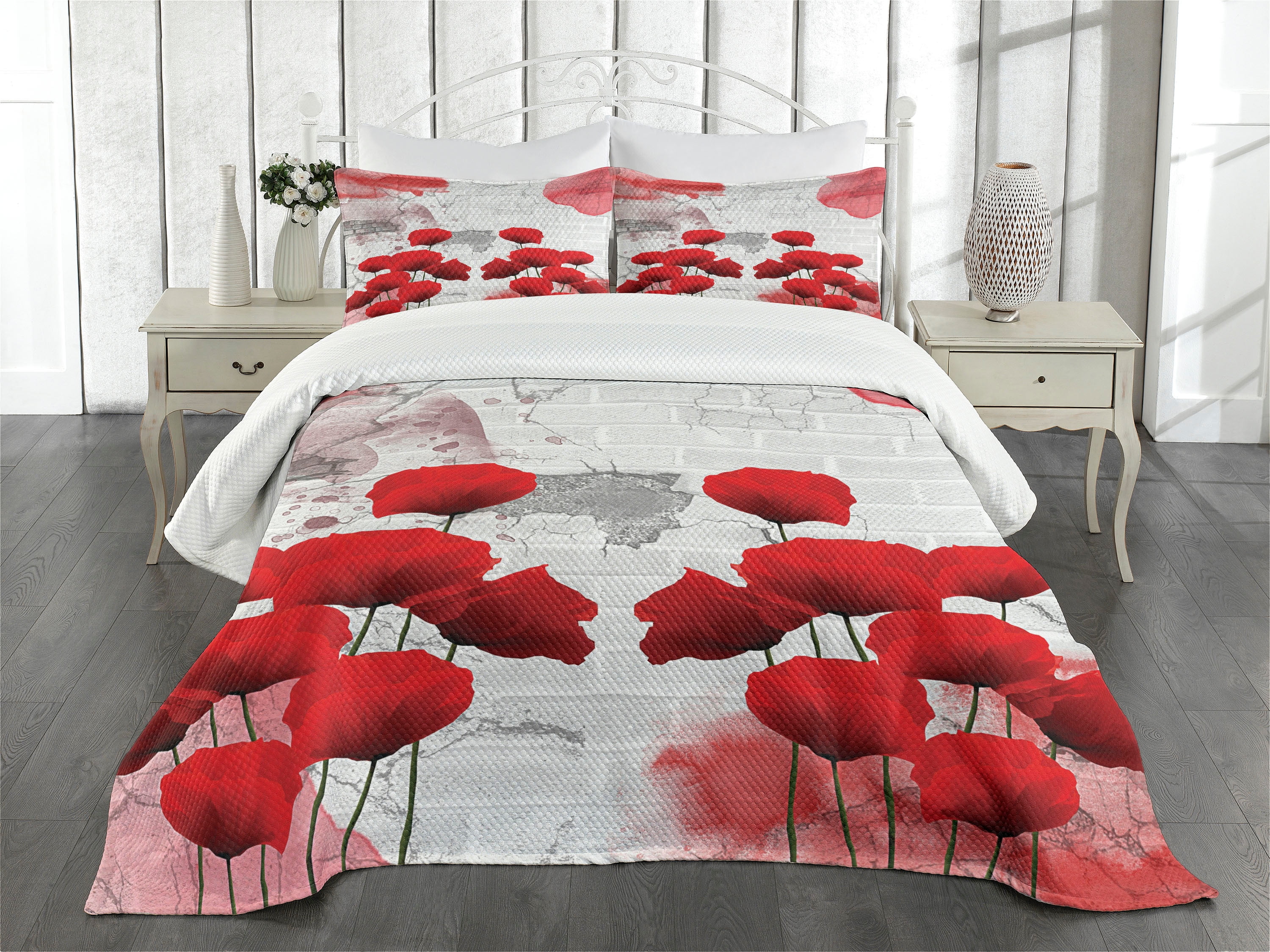 King Size Gray and Red Quilted Bedspread Set
