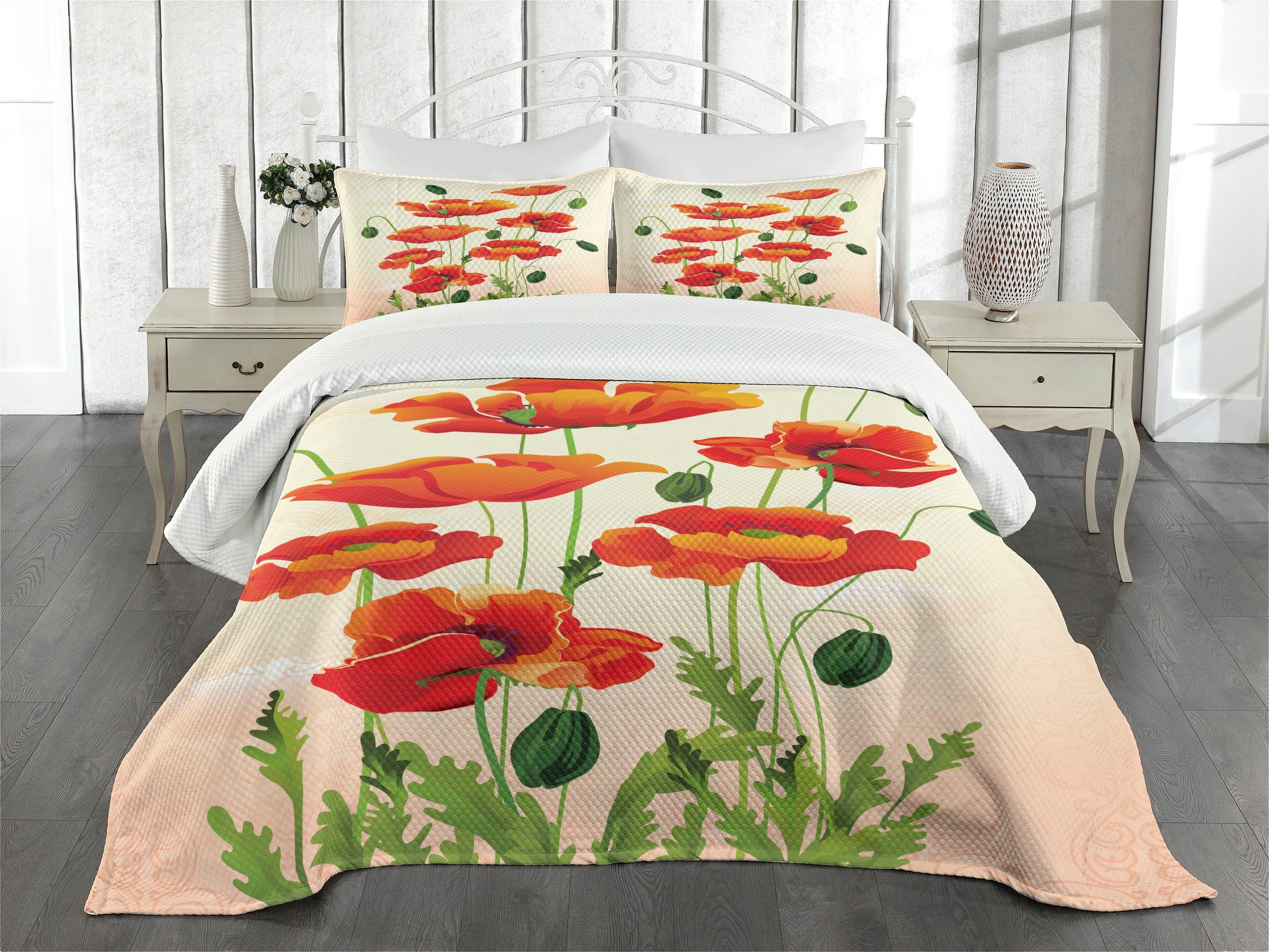 King Size White Quilted Bedspread Set with Poppy Design