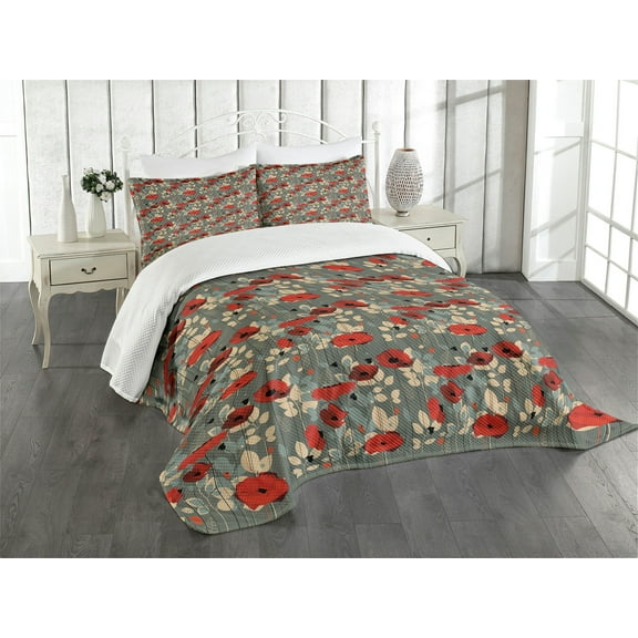 Ambesonne Poppy Flower Quilted Bedspread Set 3 Pcs, Modern Floral Garden, Queen Size, Grey Red Beige