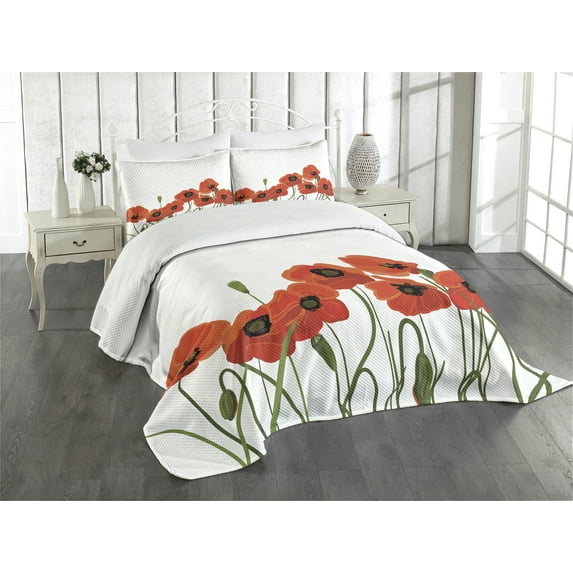 Ambesonne Poppy Flower Quilted Bedspread Set 3 Pcs, Vibrant Bloom Bouquet, Queen Size, Olive Green Vermilion