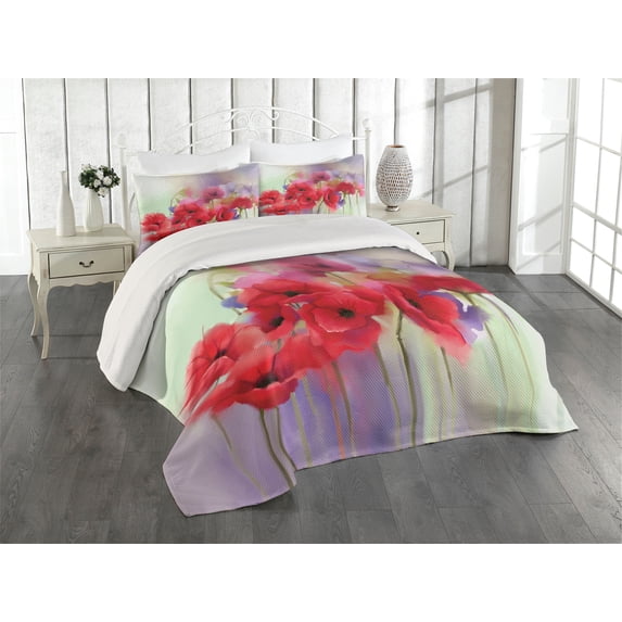Ambesonne Poppy Flower Quilted Coverlet 3 Pcs, Spring Flowers Romance, King Size, Lavender and Red