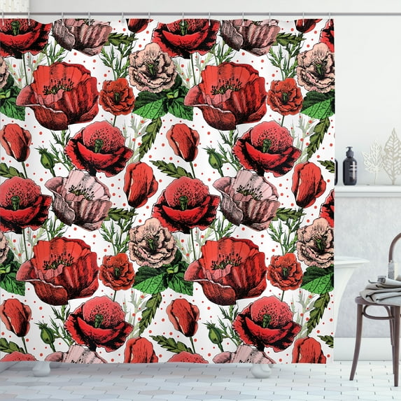 Ambesonne Poppy Flower Shower Curtain, Colorful Polkadots, 69"Wx84"L, Red Green Dried Rose