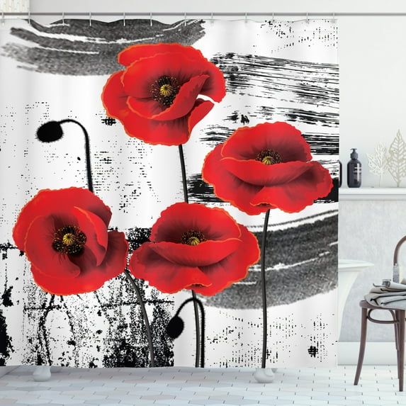 Ambesonne Poppy Flower Shower Curtain, Grunge Brush Flowers, 69"Wx75"L, Vermilion Grey