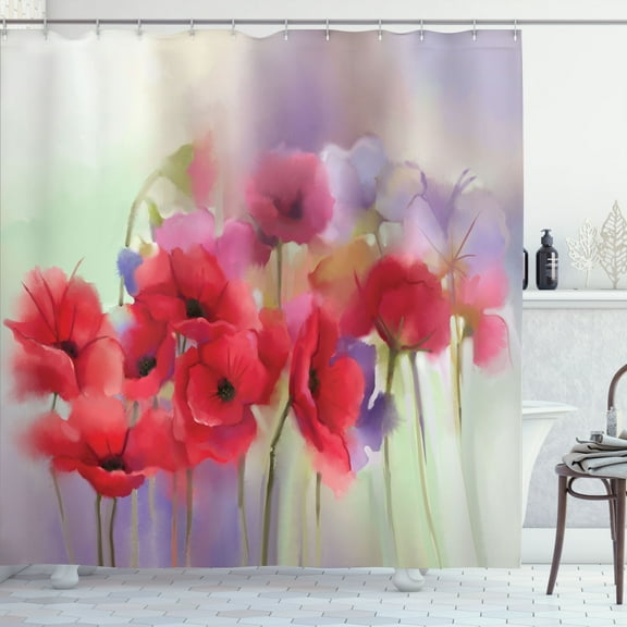 Ambesonne Poppy Flower Shower Curtain, Spring Flowers Romance, 69"Wx70"L, Lavender and Red