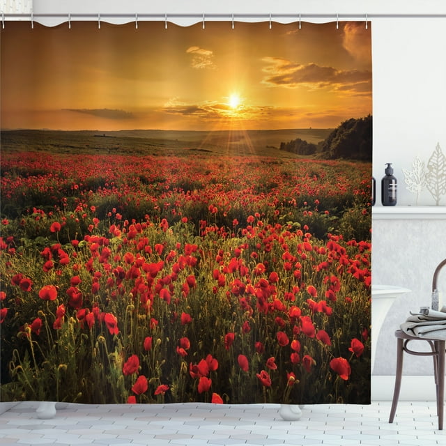 Ambesonne Poppy Flower Shower Curtain, Sunset Meadow Farmland, 69"Wx84"L, Marigold Scarlet