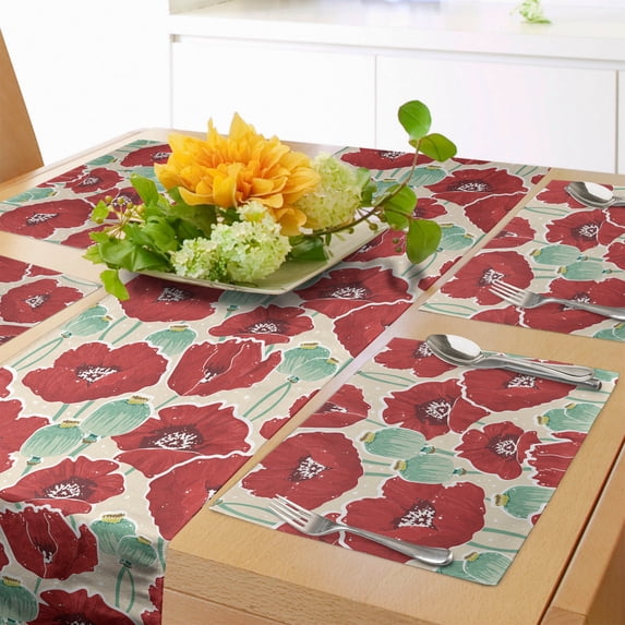 Ambesonne Poppy Flower Table Runner & Placemats, Spring Garden Art, Placemat 4 pcs + Runner 12"x90", Mint Green Beige