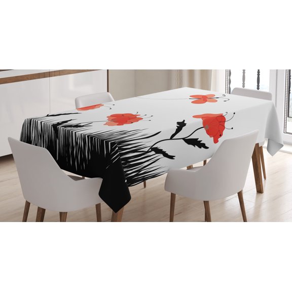Ambesonne Poppy Flower Tablecloth Rectangular Table Cover, Abstract Pastoral, 52"x70", Salmon Black White